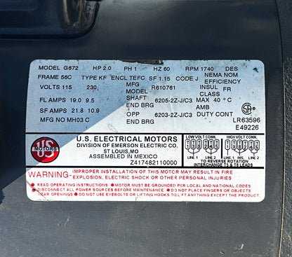 US Motor Plate]: US Electrical Motors G672 data plate 2.0 HP 115/230V 1 phase 1740 RPM.