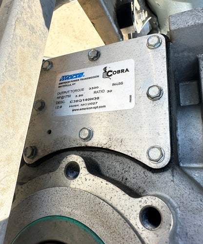 Morse Emerson Cobra C38Q140H30 gear reducer nameplate displaying 3300 in-lbs output torque, 30 ratio, and 3.85 HP at 1750 RPM.