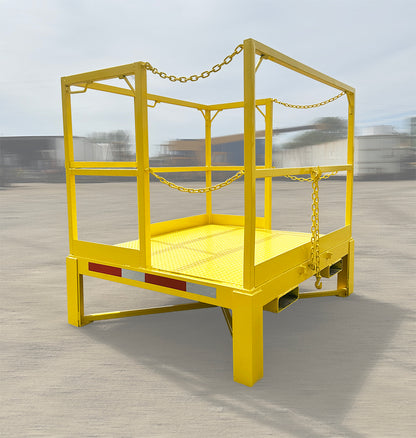 Heavy duty yellow steel forklift personnel safety cage man basket angled right profile showing fork pockets and safety chains