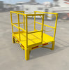 Heavy duty yellow steel forklift personnel safety cage man basket angled left profile showing diamond plate floor and mid rails