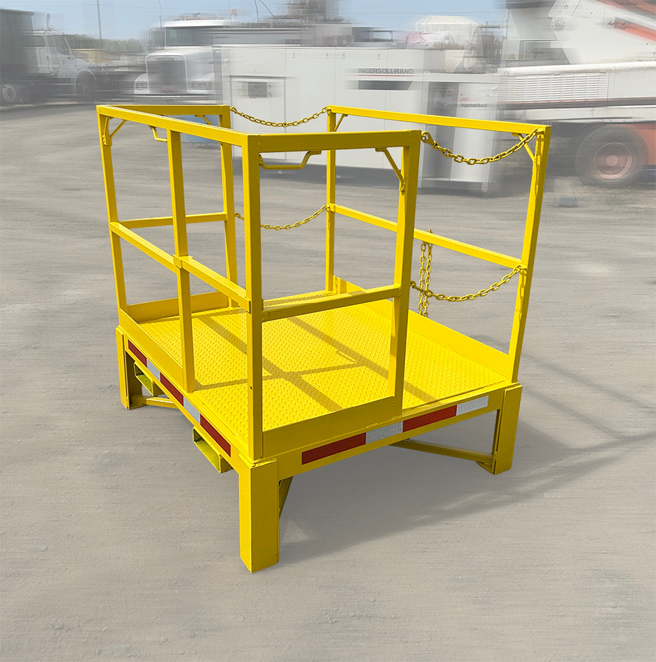 Heavy duty yellow steel forklift personnel safety cage man basket angled left profile showing diamond plate floor and mid rails