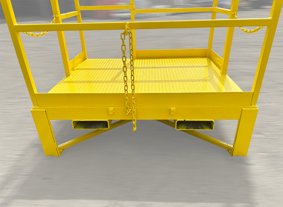 Heavy duty yellow steel forklift personnel safety cage man basket rear structural base frame diamond plate floor fork pockets safety chain