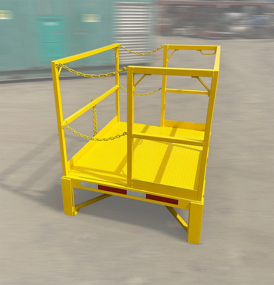 Heavy duty yellow steel forklift personnel safety cage man basket rear angled profile showing high back and chain attachment points