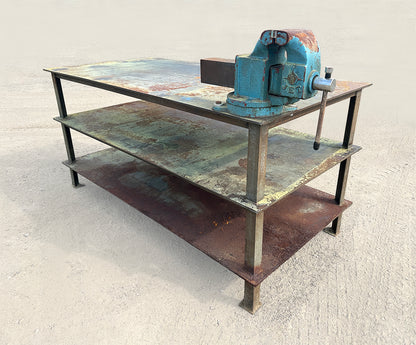 Heavy-duty steel industrial welding workbench 3-tier right side profile with attached JET vise 