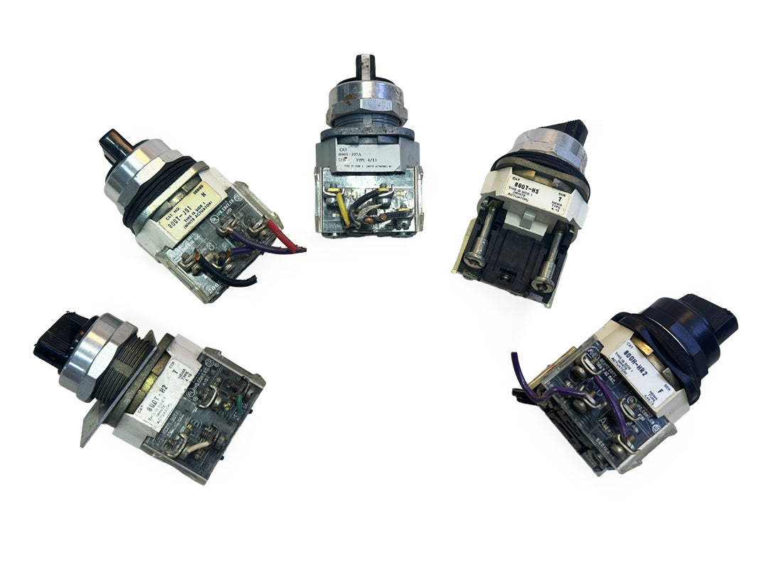 Allen-Bradley 800T and 800H series industrial selector switches 800T-J91 800T-H5 800H-HR2 800T-H2 black rotary knob group view