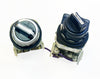 Allen-Bradley 800H-HR2 industrial selector switches off on legend plate black rotary knob front face profile view
