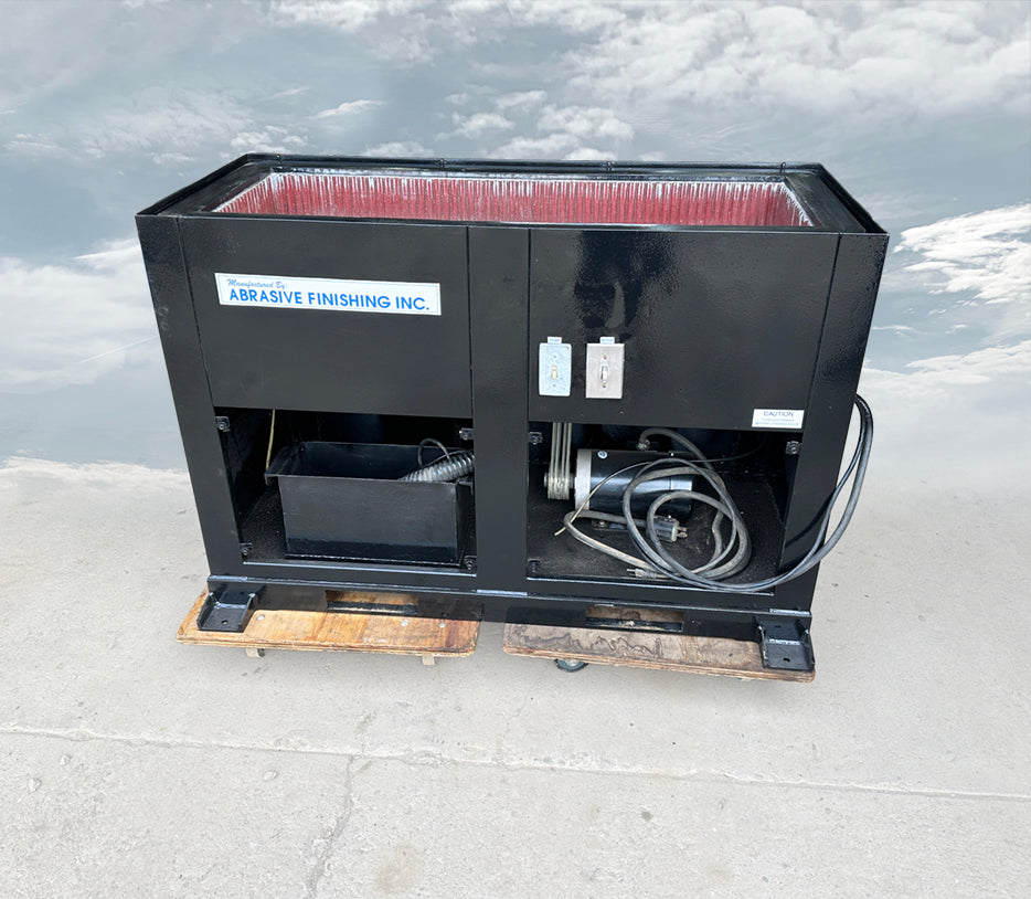 Abrasive Finishing Inc SuperQuiet Burr Bench vibratory tumbler 2HP 230 460V 3-phase front profile cabinet open showing internal bin and motor