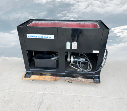 Abrasive Finishing Inc SuperQuiet Burr Bench vibratory tumbler 2HP 230 460V 3-phase front profile cabinet open showing internal bin and motor
