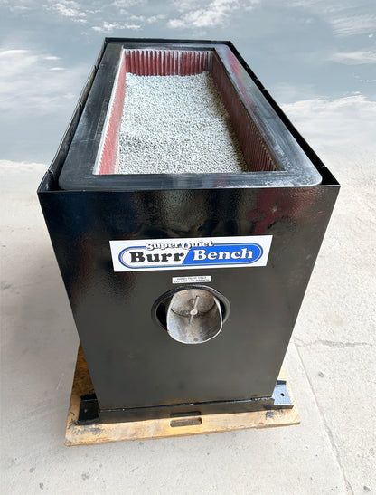 Abrasive Finishing Inc SuperQuiet Burr Bench vibratory tumbler top down view open tub showing red ribbed lining and grey ceramic tumbling media