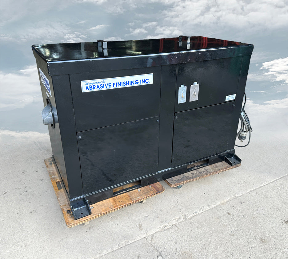 Abrasive Finishing Inc SuperQuiet Burr Bench vibratory tumbler 2HP 230 460V 3-phase front side profile cabinet panels closed lid on
