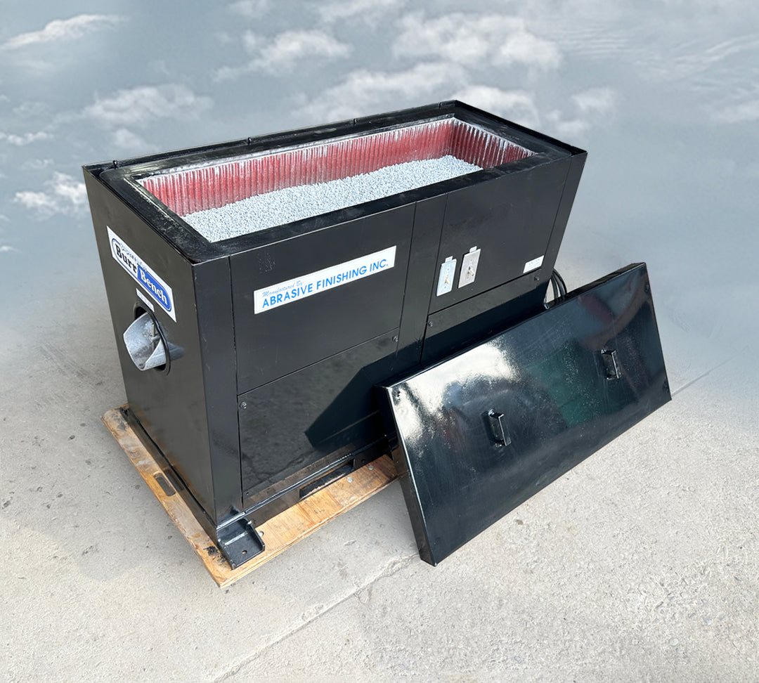 Abrasive Finishing Inc SuperQuiet Burr Bench vibratory tumbler 2HP 230 460V 3-phase front profile lid removed resting on floor
