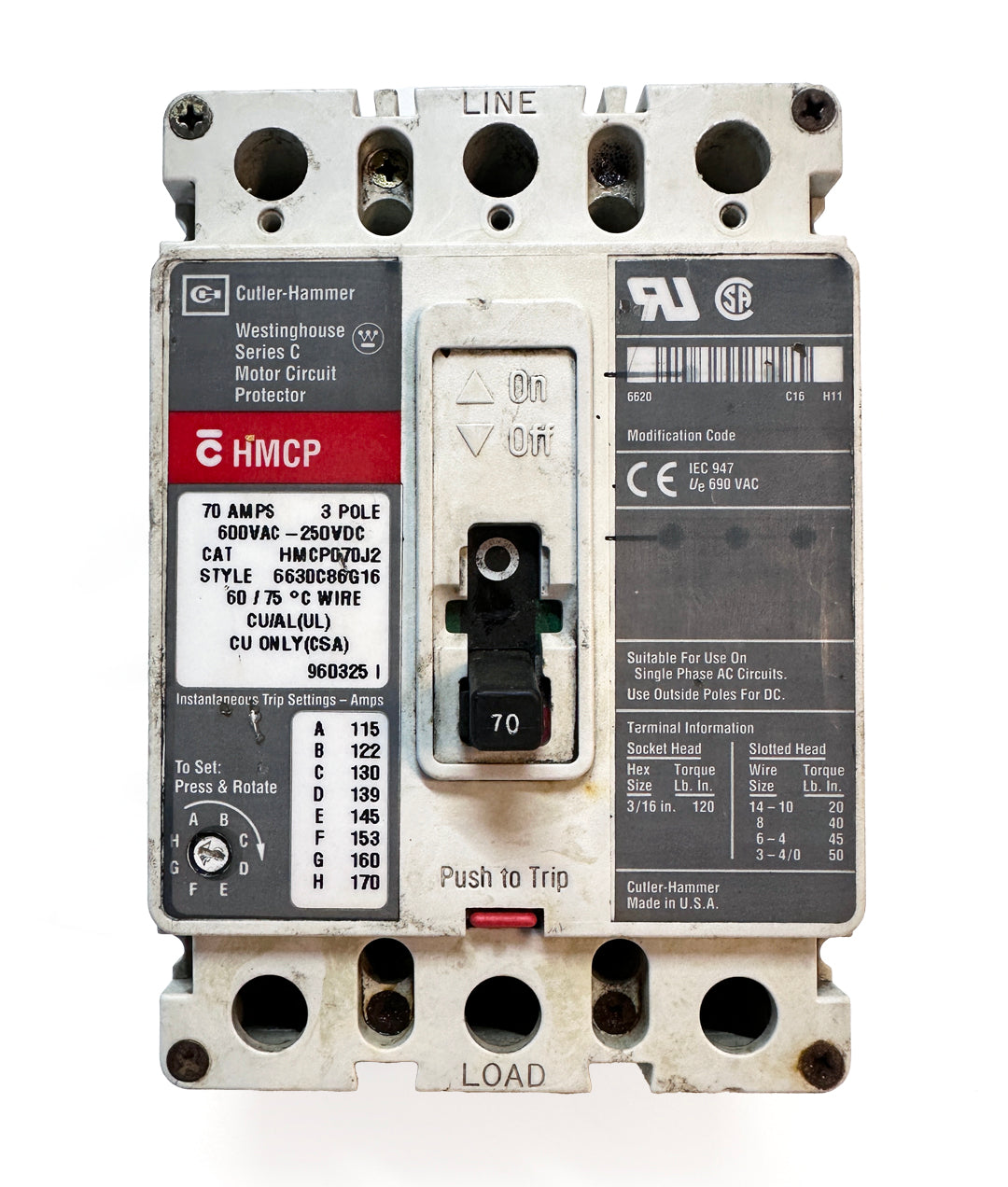 Cutler-Hammer / Westinghouse 70A, 600V Motor Circuit Breaker