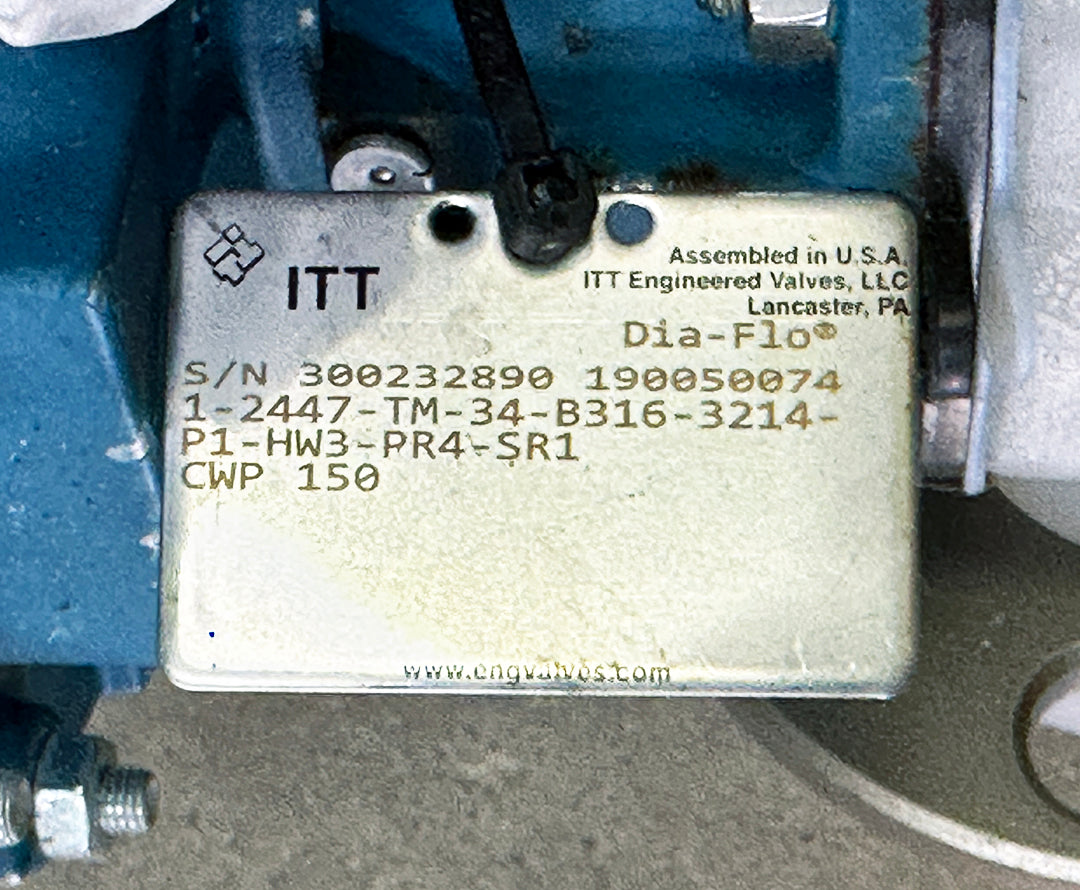 ITT Dia-Flo diaphragm valve 1-2447-TM-34-B316-3214-P1-HW3-PR4-SR1 manufacturer identification data plate specification label serial 300232890 