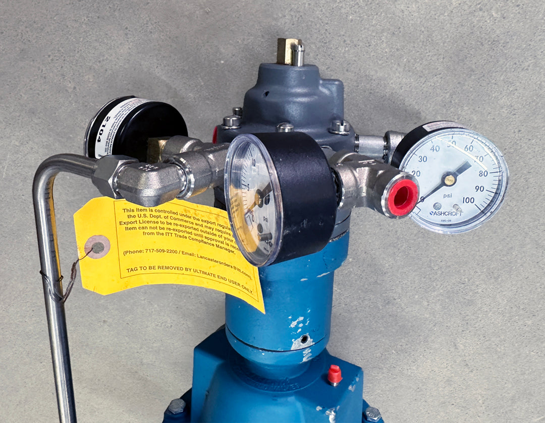 ITT Dia-Flo diaphragm valve 1-2447-TM-34-B316-3214-P1-HW3-PR4-SR1 150 CWP actuator top section Ashcroft pressure gauges