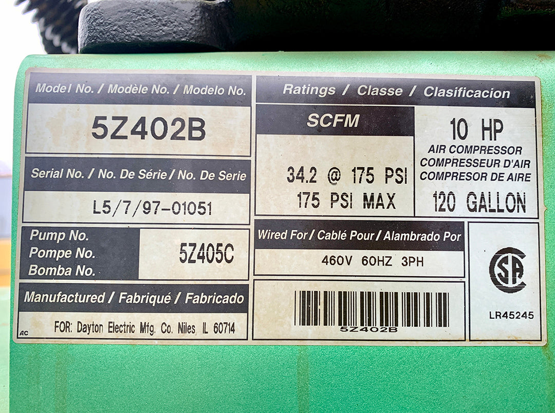 Specification label showing 175 PSI Max and 460V for Speedaire 5Z402B Air Compressor