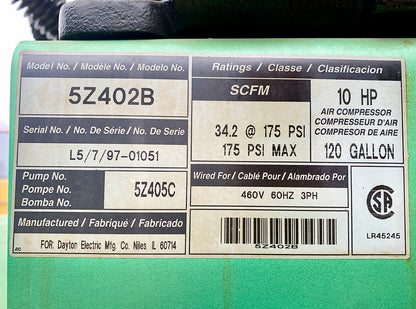 Specification label showing 175 PSI Max and 460V for Speedaire 5Z402B Air Compressor