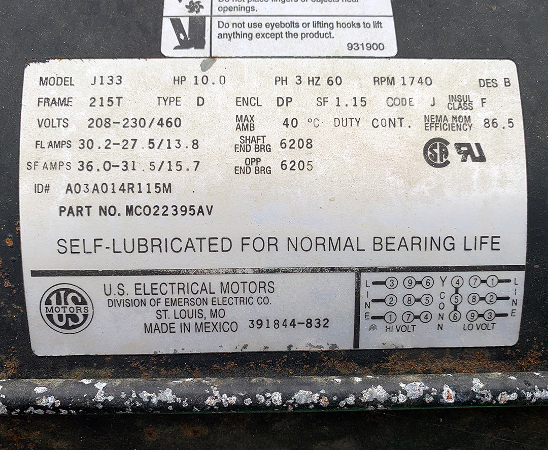 US Motors specifications label for a Speedaire 5Z402B Cast Iron Series 10HP 120-Gallon Air Compressor 