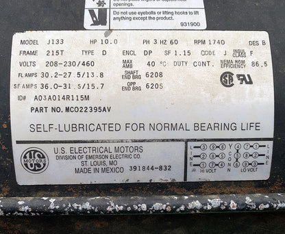 US Motors specifications label for a Speedaire 5Z402B Cast Iron Series 10HP 120-Gallon Air Compressor 