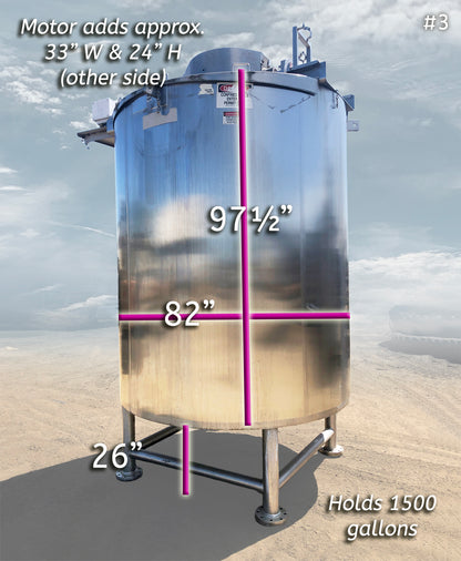LEE Industries 1500-Gallon Vertical Jacketed Stainless Steel Mixing Tanks