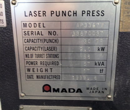 30-Ton / 2000-Watt Amada Apelio III AP3367V Turret Punch & Laser CNC Machine