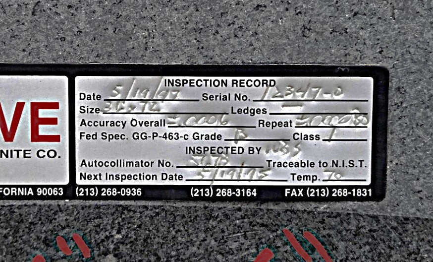 Inspection Record tag detailing Serial No. 12347-0, Size 36x72, Grade B, .0006 overall accuracy, and 5/19/97 date.