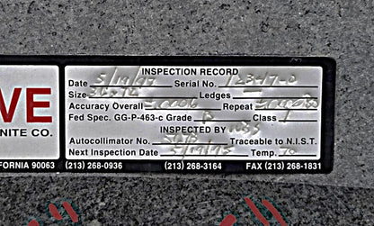 Inspection Record tag detailing Serial No. 12347-0, Size 36x72, Grade B, .0006 overall accuracy, and 5/19/97 date.