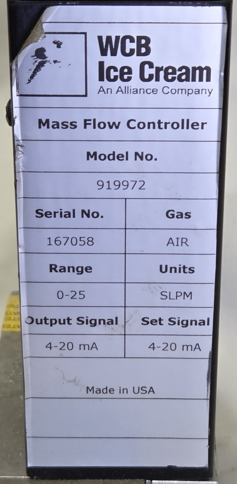 WCB Ice Cream 919972 Continuous Freezer Overrun Air Flow Controller