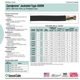 Carolprene® Jacketed Type SOOW 90°C 600V Non-UL Portable Cord, 6/4 SOOW 600V-Black-500 Reel