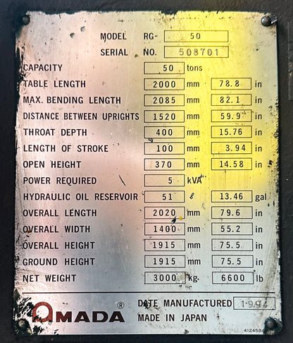 AMADA 55-Ton Hydraulic Press Brake ~ Model #RG-50
