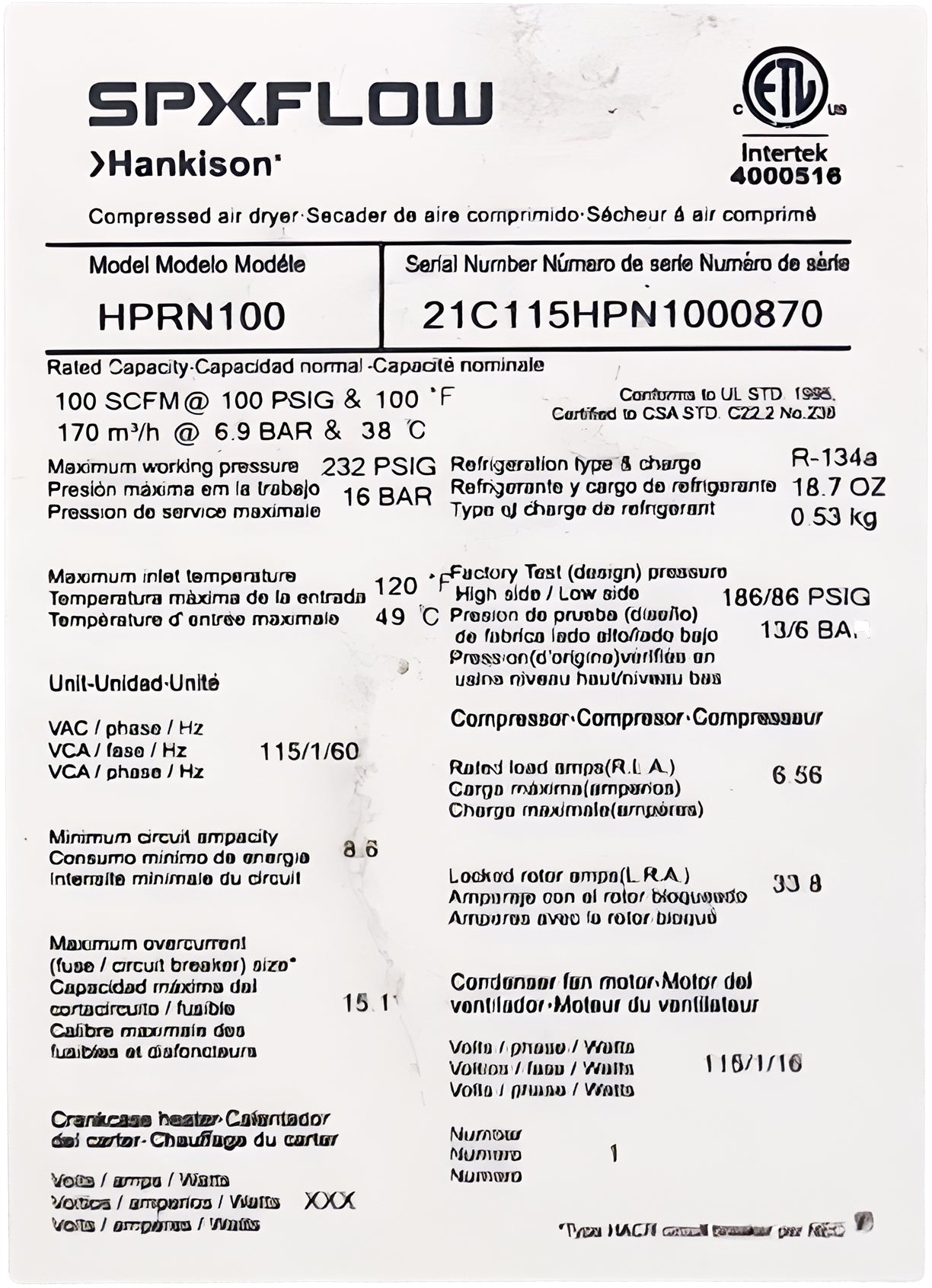 Hankison SPXFLOW HPRN100 Compressed Air Dryer w/ Tank  {CDA}