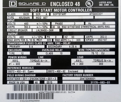 Square D 48 8639 48USA4N A07 Enclosed 250 HP Soft Starter