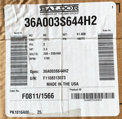 New / Open Box ~ Baldor Specialty 3.5HP, 3-Phase, 308-230/460V, 1760 RPM Motor