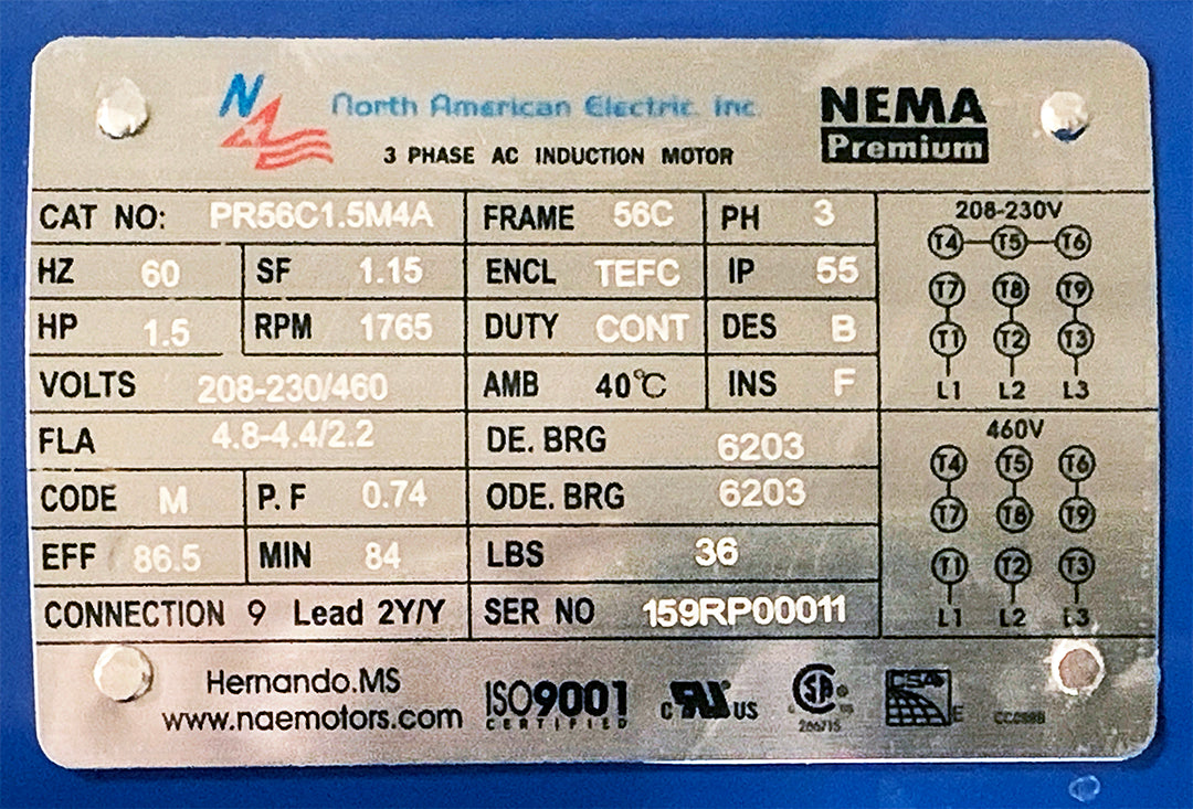 New / Open Box ~ North American Electric PR56C1.5M4A 1.5HP, 1765 RPM Motor